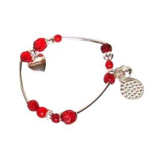 Avon Women’s Silver-Tone Stretch Bracelet with Red Beads & Heart Charm 8 inches